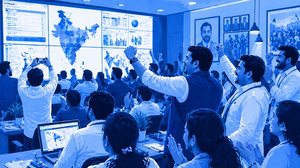 Command center with data screens showing India, team celebrating