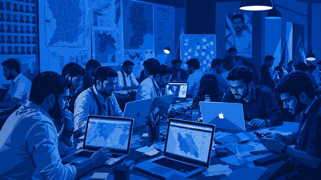 War room at night: laptops, whiteboards, focused team